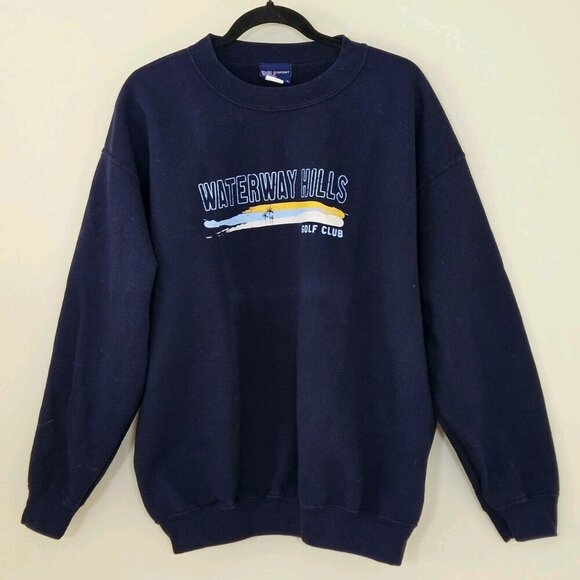 MV Sport Sweatshirt Mens L Navy Crewneck Waterway Hills Golf Course LS VTG FLAW - Picture 1 of 15